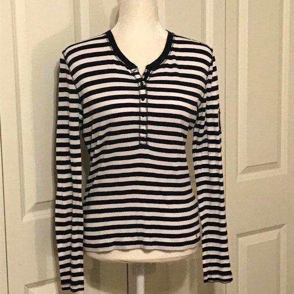 Tommy Hilfiger Black And White Striped Henley ~ Size Medium - Picture 1 of 4